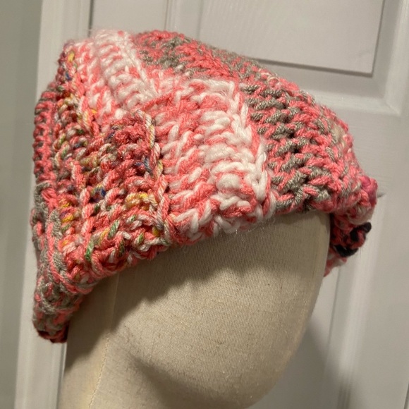 Handmade Crochet Chunky Ribbed Upcycled Multi Fiber Scrappy Yarn Beanie Hat - Picture 4 of 8